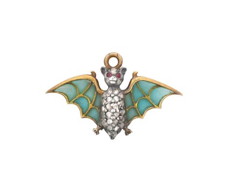 An Early 20th Century Enamel, Diamond and Ruby Pendantrealistically modelled as a bat, with plique-à-jour enamelled wings, a 