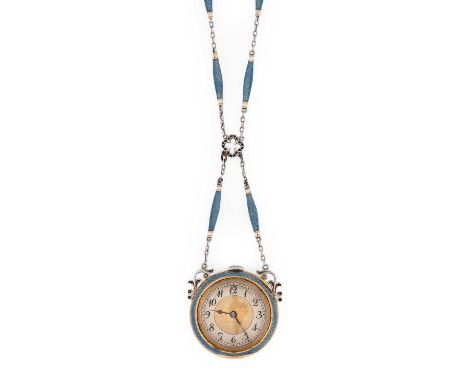A Lady's 18 Carat Gold Enamel Pendant Watch, 1920's manual wound lever movement, silvered dial with Arabic numerals, case wit