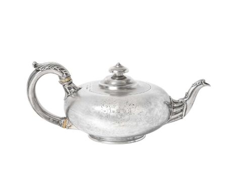 A William IV Silver Teapot,  by Paul Storr, London, 1832 compressed circular and on slightly stepped collet-foot, with ivory-