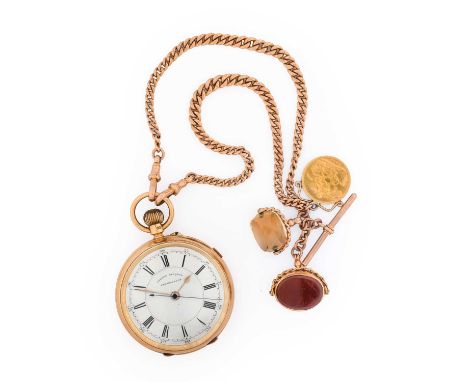 An 18 Carat Gold Open Faced Chronograph Pocket Watch, 1899, manual wound lever movement, enamel dial with Roman numerals, cas