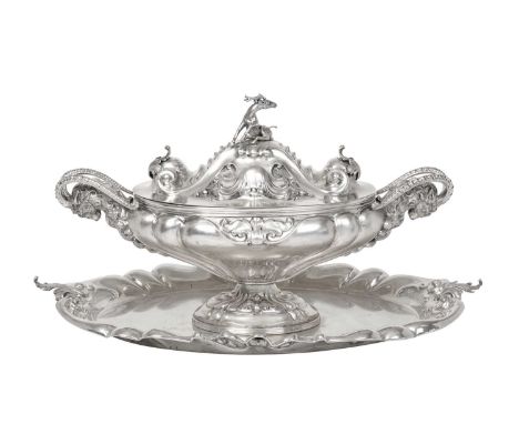 A Continental Silver Soup-Tureen, Cover and Stand,  Stamped '800', Possibly Spanish or Italian, 20th Century the soup-tureen 