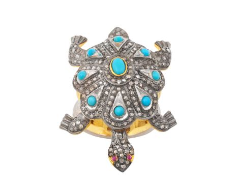 A Turquoise, Ruby and Diamond Ring realistically modelled as a tortoise with articulated legs, head and tail, set throughout 