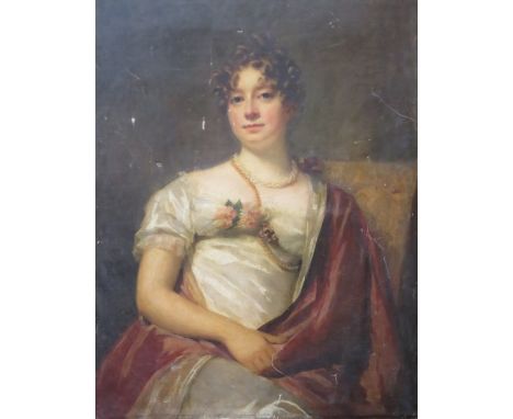 UNFRAMED VICTORIAN OIL ON CANVAS PORTRAIT OF A RECLINING LADY.  APPROXIMATELY 38cm x 69cm