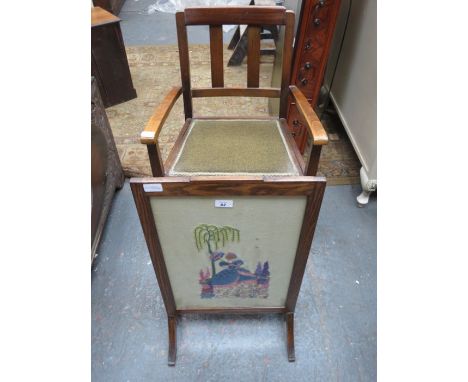 OAK COMMODE AND EMBROIDERED FIRESCREEN
