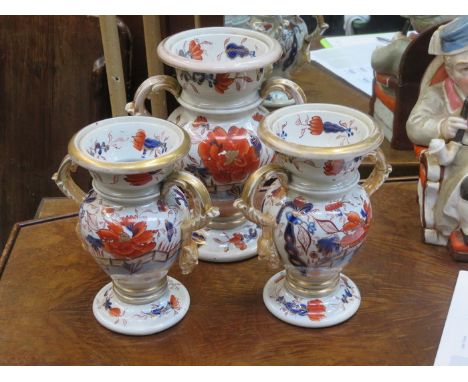 SET OF THREE EARLY HANDPAINTED, GILDED AND FLORAL DECORATED CERAMIC VASES 