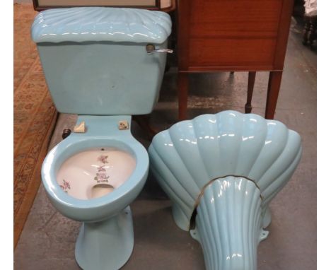 1960s STYLE BABY BLUE FLORAL DECORATED CERAMIC BATHROOM SET  