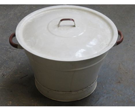 ENAMELLED WASH BASIN WITH COVER AND STRAINER, PLUS TWO JAM PANS 
