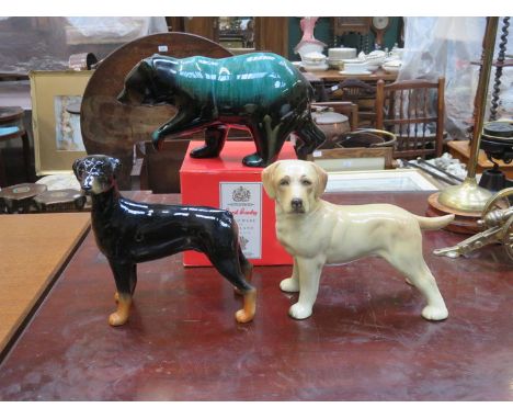 TWO CERAMIC DOGS, CERAMIC BEAR AND GLASS ROSE BOWL 