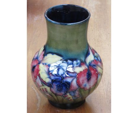 MOORCROFT 1930s HANDPAINTED AND TUBE LINED "IRIS" PATTERN CERAMIC VASE, SIGNED W MOORCROFT TO BASE, APPROXIMATELY 24cm x 28cm