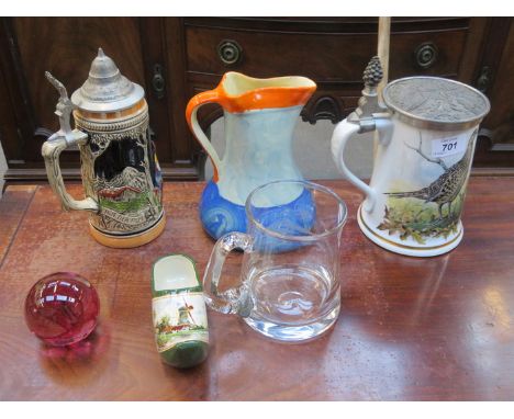 TWO CERAMIC TANKARDS, MYOTT JUG, ETC.