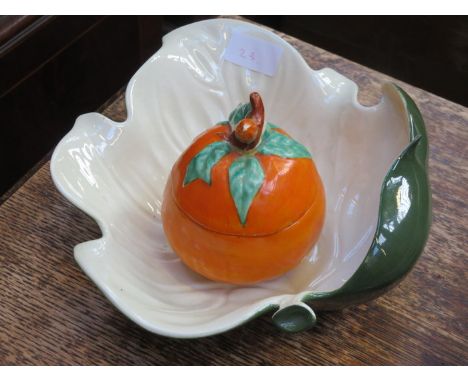 CLARICE CLIFF BIZARRE CERAMIC STORAGE POT AND COVER PLUS CARLTONWARE LEAF DISH 