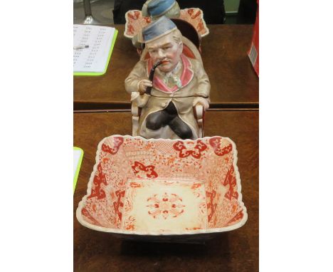 CERAMIC FIGURE FORM STORAGE POT WITH COVER AND ORIENTAL CERAMIC BOWL 