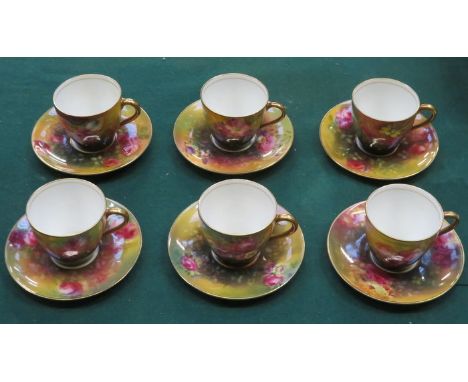 SET OF SIX HANDPAINTED AND GILDED ROYAL DOULTON CERAMIC COFFEE CUPS AND SAUCERS, ALL SIGNED 