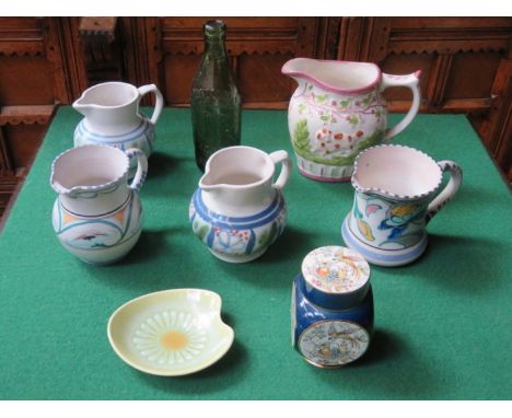 SUNDRY LOT INCLUDING CARLTONWARE JAR WITH COVER, ROYAL LANCASTRIAN RECEIVER, TWO HONITON JUGS, TWO OTHER JUGS AND GREEN GLASS