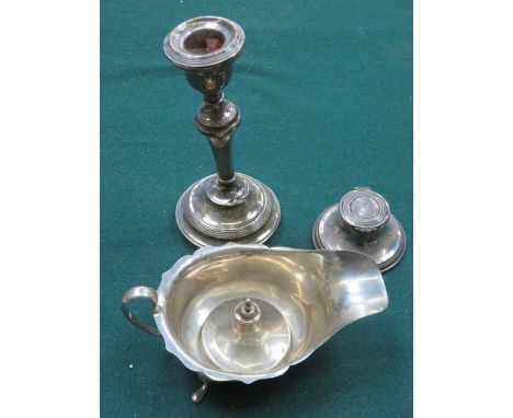 HALLMARKED SILVER SAUCE BOAT, CANDLESTICK AND INKWELL 