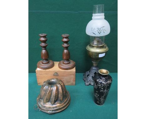 MIXED LOT OF SUNDRIES INCLUDING OIL LAMPS, CLOISONNE VASE, JELLY MOULDS AND CANDLESTICK 