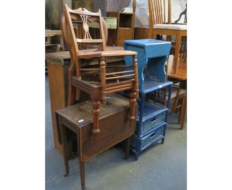 TWO CHAIRS, DROP LEAF TABLE, PAINTED TABLE AND PAINTED WICKER SHELF UNIT 