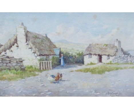 A V JONES FRAMED WATERCOLOUR - BURLEE DUNN'S COTTAGE, PORT OF MASH, ISLE OF MAN, APPROXIMATELY 19cm x 28cm