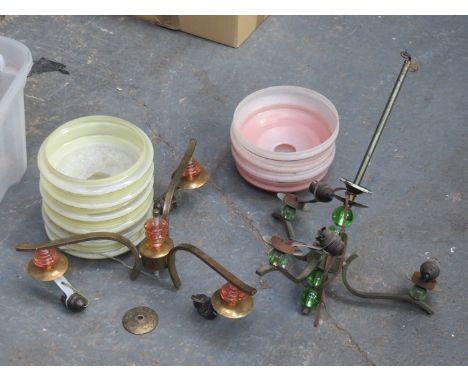 TWO DECORATIVE METAL LIGHT FITTINGS AND GLASS SHADES 