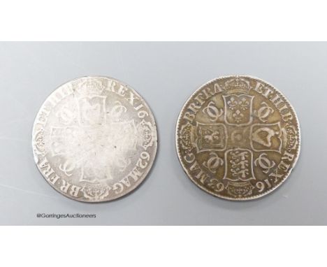   Two Charles II Crowns 1662, the first rose below bust, edge undated, S.3550 and legend rearranged no rose S.3352