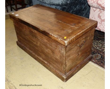   A Victorian rectangular pine trunk, length 95cm, depth 48cm, height 49cm