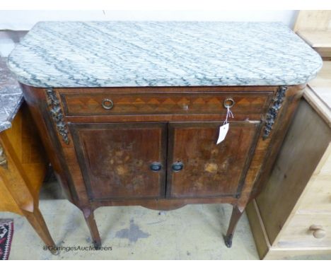   A French green marble topped commode, width 93cm, depth 41cm, height 92cm