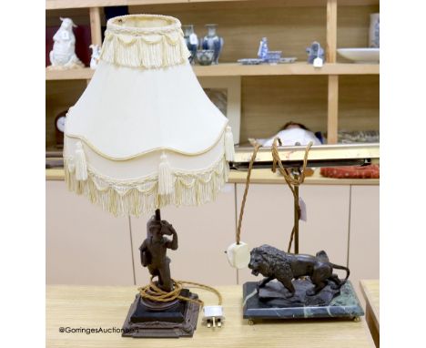   A spelter figural table lamp base and another lion student lamp, height 25cm (at base)