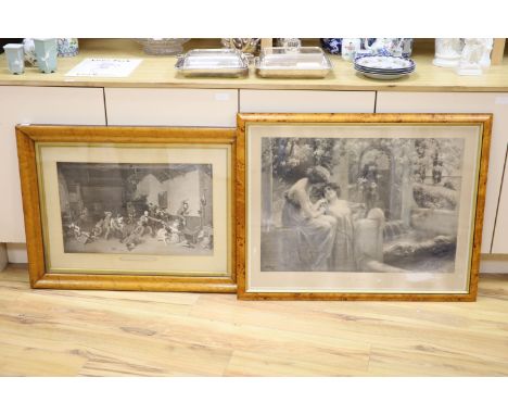   After Raimbach, engraving, 'Blind Man's Buff', 37 x 60cm, maple framed, and a later framed lithograph 'In Arcadia'', 52 x 7