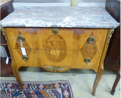   A French Louis XVI style marquetry inlaid marble topped commode, width 84cm, depth 47cm, height 78cm