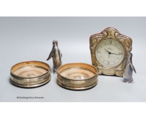   A small R. Carr silver mounted mantel clock, modern, a pair of silver coasters, JB Ld,  London 1996, 12.5cm, two Italian pe
