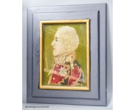   A 19th century petit-point needlework portrait, Duke of Wellington, later framed, 32 x 22cm