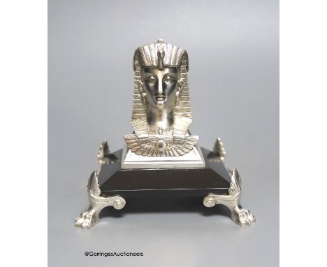   An Egyptian style electroplate mounted inkwell, height 12cm