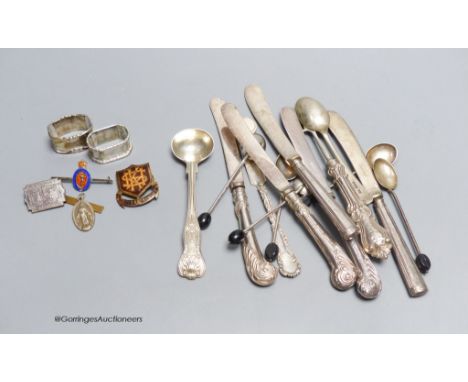  Six silver 'bean' handled coffee spoons, a Victorian silver mustard spoon, a butter knife, a pickle fork and other silver c