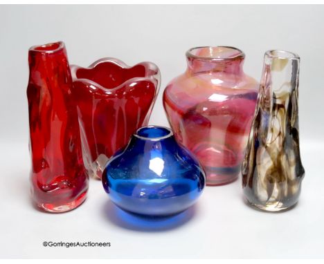   Five Whitefriars glass vases, various, including two 'Knobbly' vases designed by Geoffrey Baxter in ruby and cinnamon,a hea