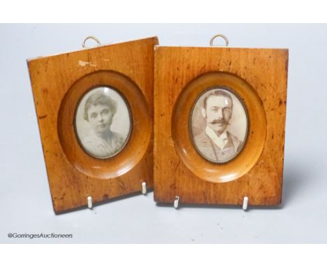  A pair of Victorian light beech photograph frames (with portrait photographs)