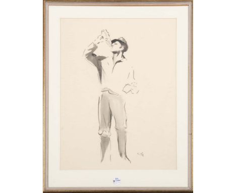 Manfred Schatz (1925-2004). „Jäger beim Trunk“. Pastell/Papier, re./u./sign., hi./Gl./gerahmt, 59 x 45 cm.