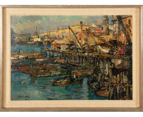 Theodor Hummel (1864-1939). Hafenansicht mit Schiffen. Öl/Karton/gerahmt, li./u./sign., 46,5 x 68 cm. **