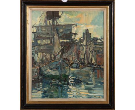 Theodor Hummel (1864-1939). Hafenansicht mit Schiffen. Öl/Lw./gerahmt, re./u./sign., 59,5 x 50,5 cm.