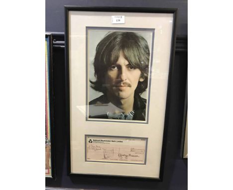 FRAMED CHEQUE
made out to Jim Price from George Harrison, signature attributed to the singer, accompanying a portrait photogr