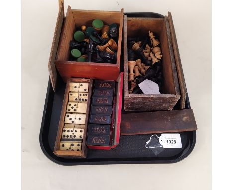 Two vintage wooden boxed large piece chess pieces plus a set of 'Wills' dominoes and a set of bone and ebony dominoes