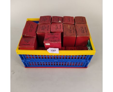 Approx seventeen boxed vintage Hornby tin plate wagons, containers, trucks and tender (varying degrees of play wear)