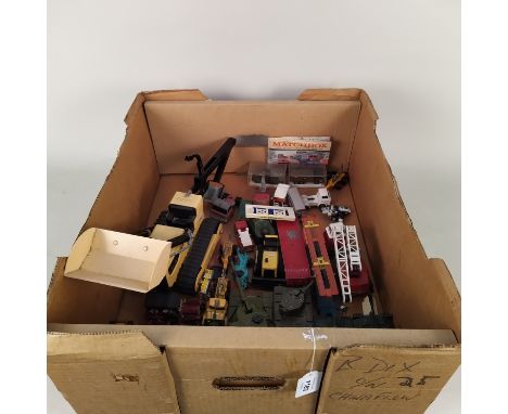 A box of mixed vintage Dinky and Matchbox etc, tin plate vehicles including tanks and a Tonka digger (all playworn condition)