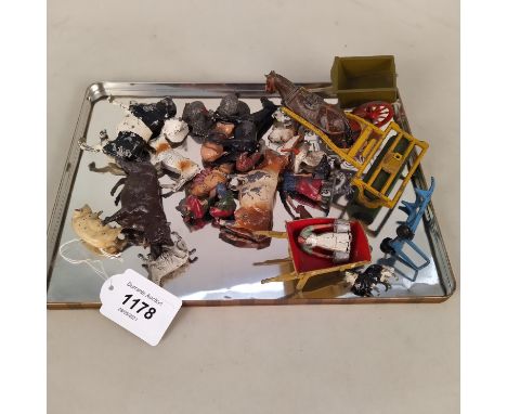 Vintage lead Britains farmyard animals and people plus a Dinky wheel barrow (all playworn condition, some as found)