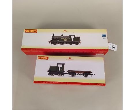 A Hornby Class M7 R2503 engine with wagon (very mild play wear) plus a Hornby R3706 Ruston and Hornby flatbed wagon (loose in
