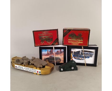 A heavy goods loader, a model traction engine, a selection of framed postcards of American cars plus two Yesteryear model car