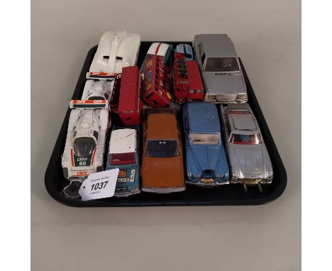 A selection of vintage Corgi, Dinky etc cars including a maximum security vehicle No.105 (repainted) plus Matchbox buses (all