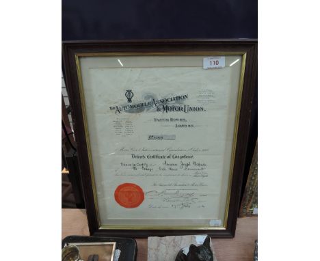 A framed Drivers Certificate of Competence for The Automobile Association and Motor Union 1914