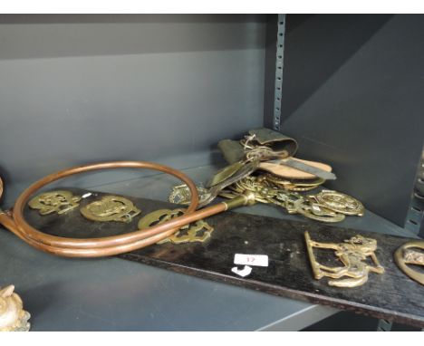 A selection of vintage horse brasses and a copper hunting horn and a vintage slide projector etc