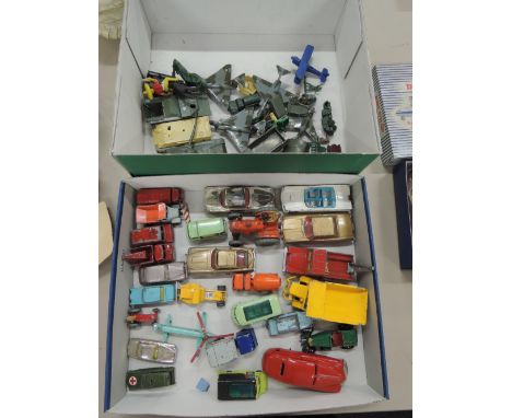 Two trays of die-cast and plastic vehicles including Dinky, Corgi, Subuco etc