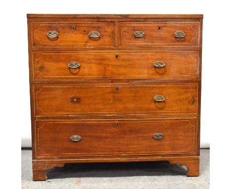 George III inlaid mahogany chest of drawers, crossbanded outlines with boxwood stringing, fitted with two short and three lon